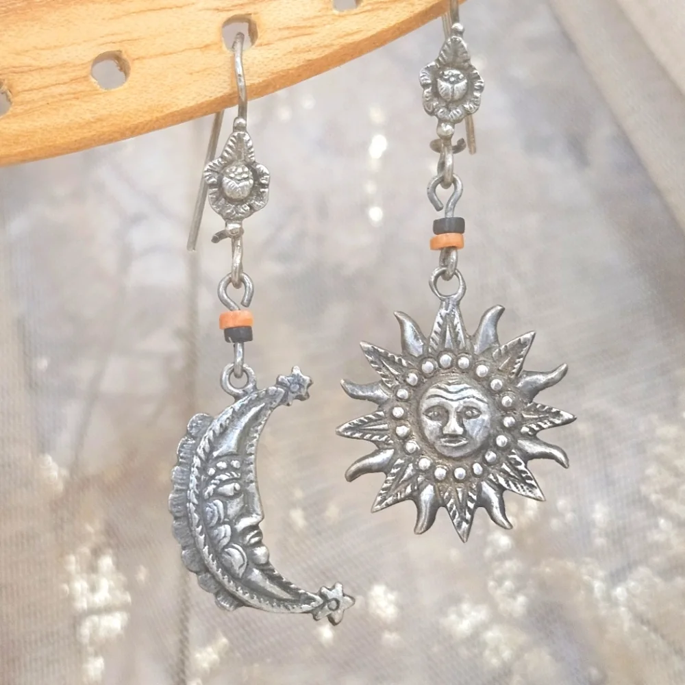 Vintage Sun & Moon Sterling Silver Dangle Beaded 925 Earrings